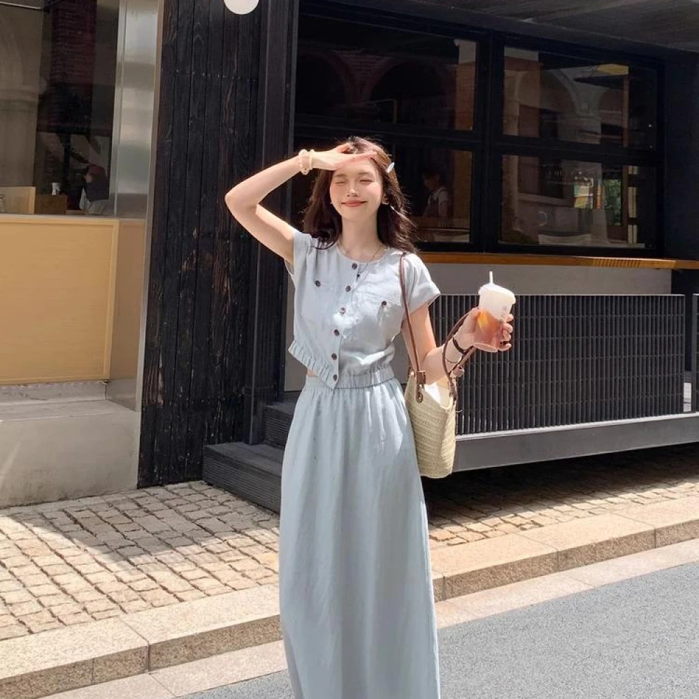 B721+B722夏气质穿搭一整套女蓝色圆领短袖半身裙时尚两件套装女