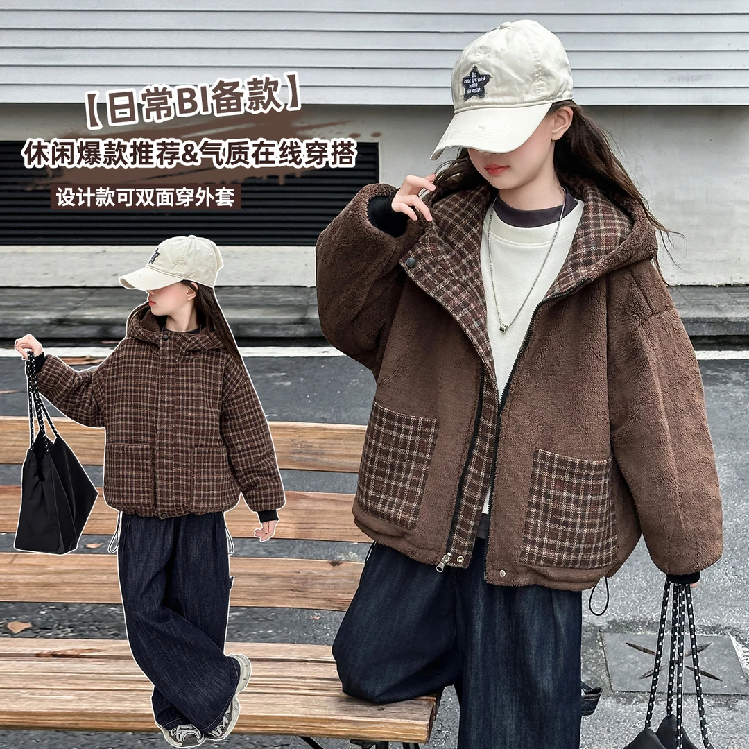 女童秋冬款韩版休闲加绒加厚连帽外套中大童小女孩洋气儿童秋装