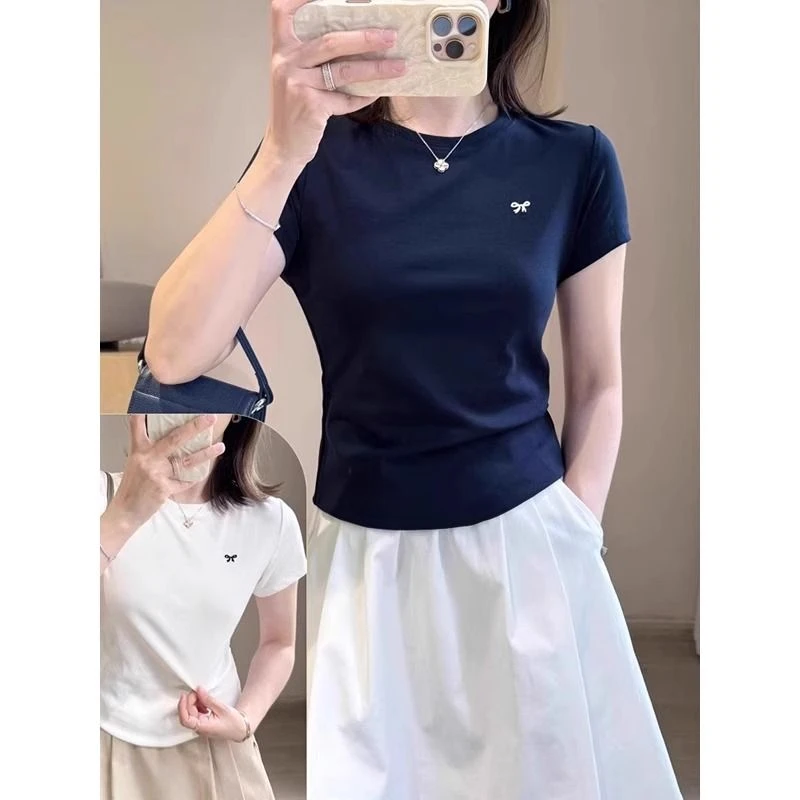 2025夏季新款韩版正肩短袖T恤女修身显瘦小个子印花通勤百搭上衣