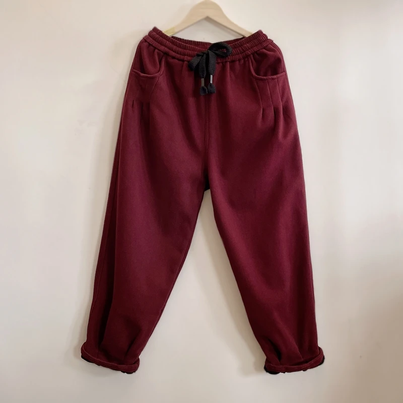 加绒加厚保暖休闲牛仔裤红色宽松松紧腰纯色2024冬季新款YX104882