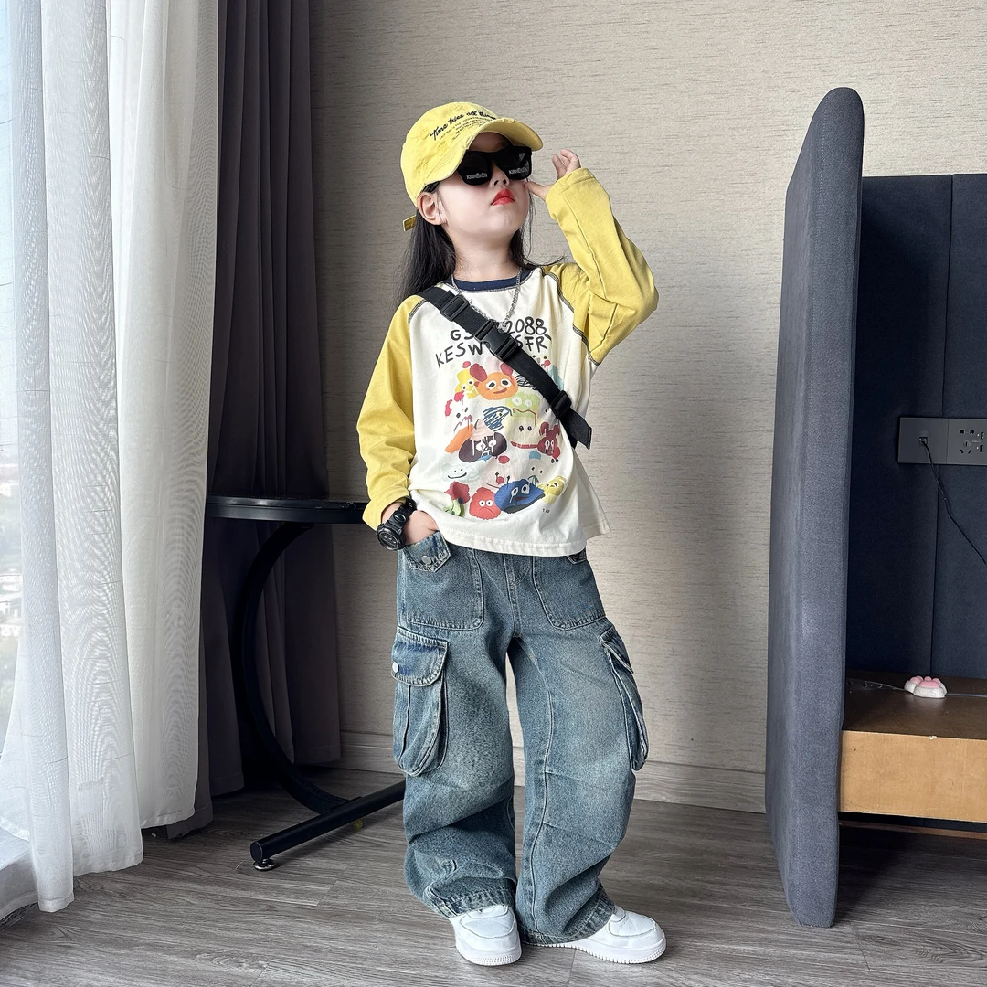 女童春秋季休闲潮酷牛仔工装裤阔腿裤中大童韩版插肩袖T恤衫潮
