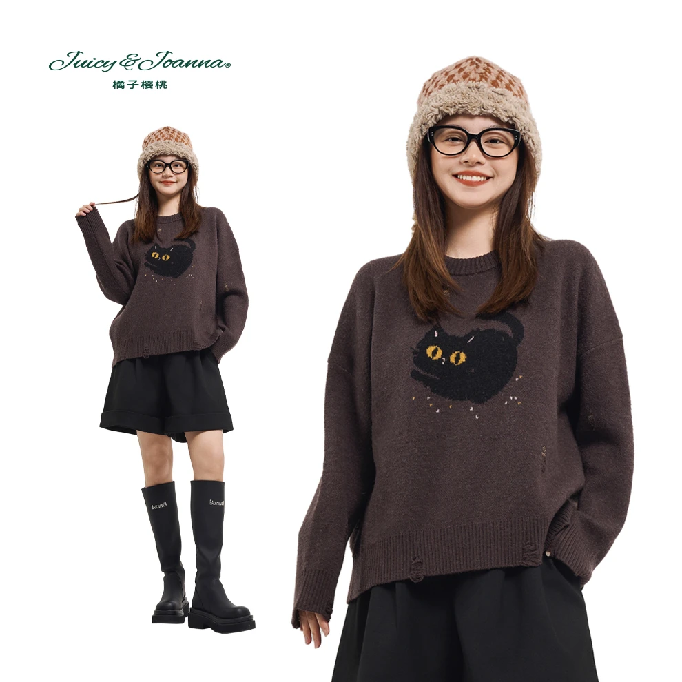 JUICY&JOANNA/橘子樱桃煤球提花破洞毛衣