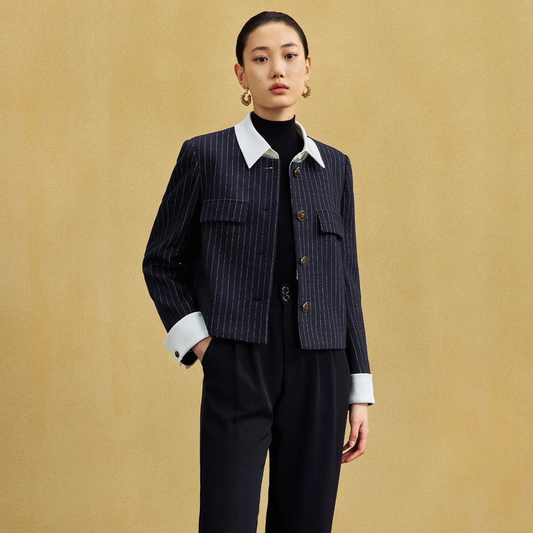 【小熊专属】穿搭时尚假两件外套女春秋气质条纹显瘦MZ421307839