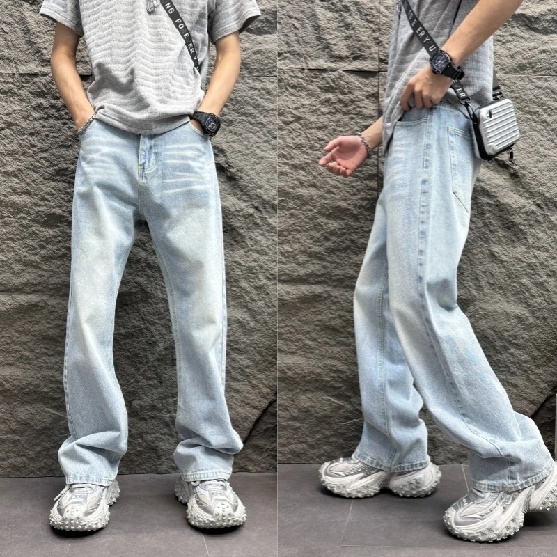 2025男士休闲裤窄版宽松直筒裤水洗浅蓝男士迷彩水洗宽松直筒窄版