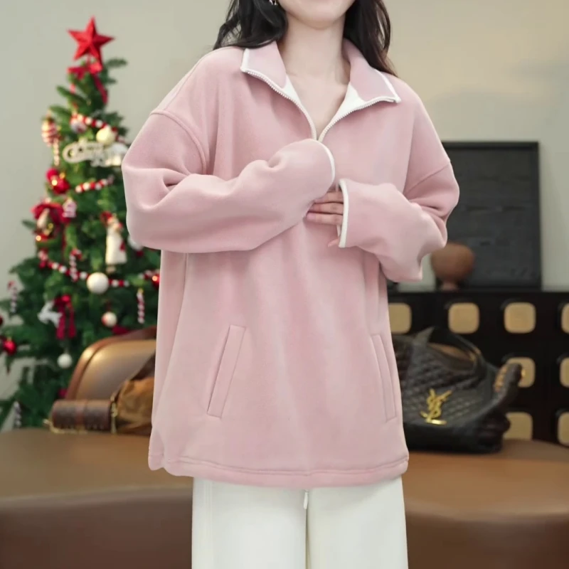半拉链双面绒保暖套头卫衣女2025秋冬季新款减龄百搭立领外套上衣