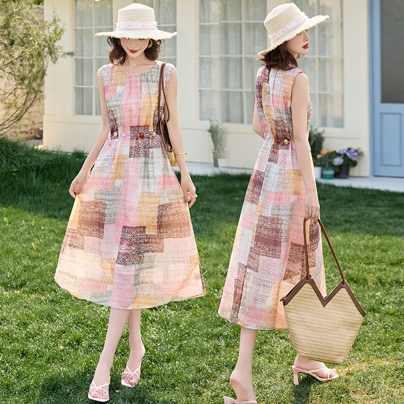 韩系印花气质连衣裙女2025夏季新款度假风系带收腰显瘦中长款裙子