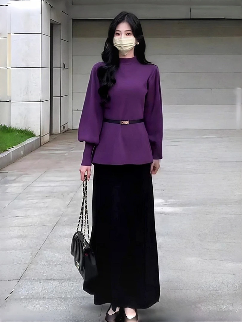 2025秋冬新款休闲慵懒风两件套半高领长袖针织衫+高腰半身裙女装