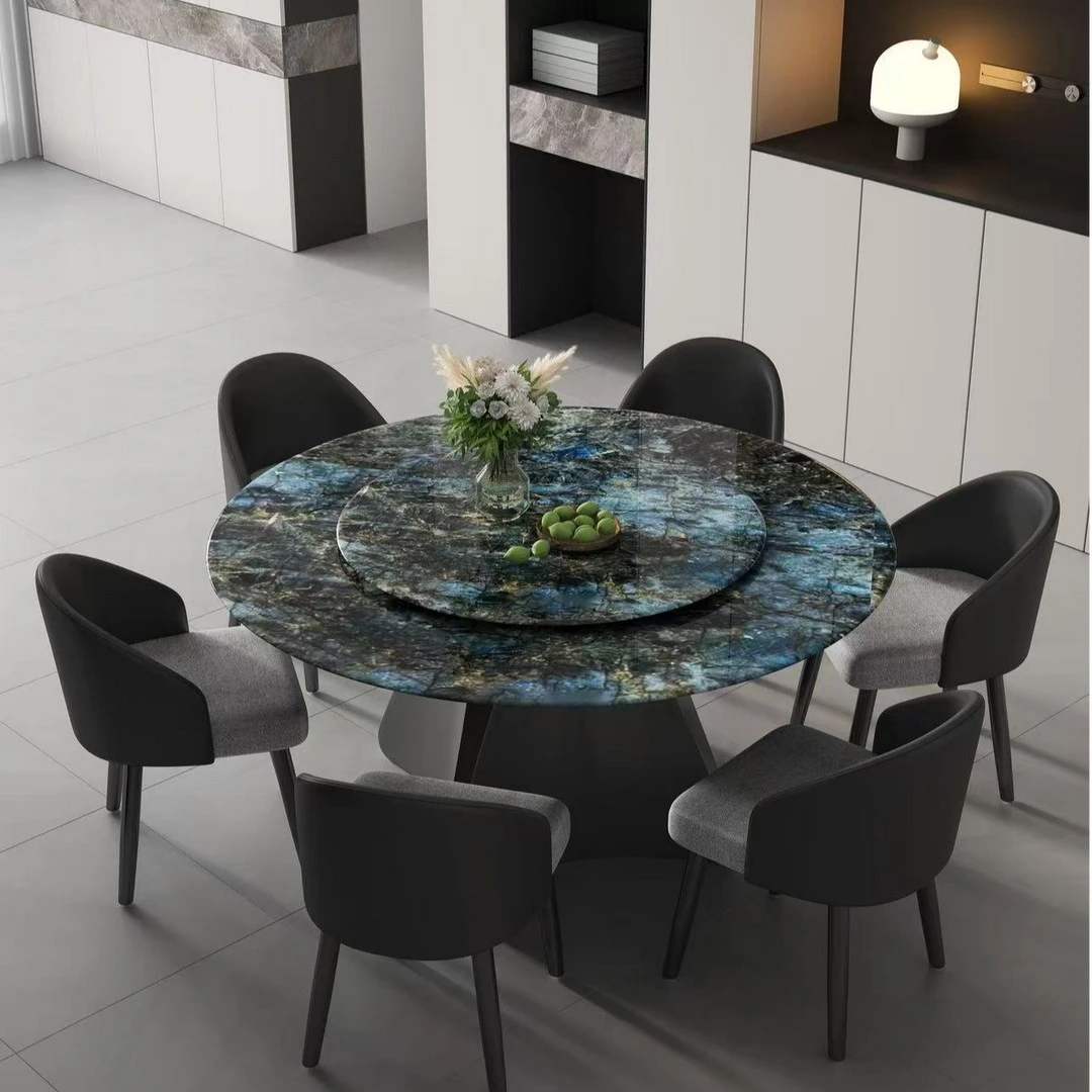 2025新款轻奢蓝翡翠天然大理石餐桌可旋转家用大理石圆桌餐组合