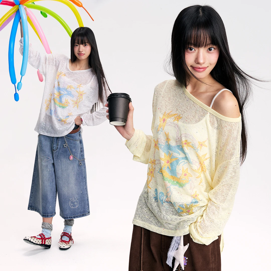 江南先生NewJNXS轻薄透气150g竹彩点精致印花罩衫斜肩抽绳长袖T恤