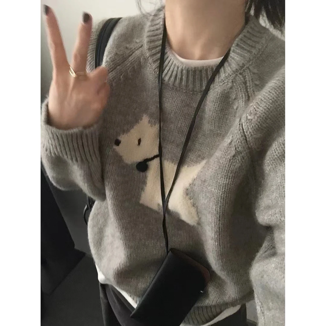 韩系慵懒风提花套头卡通小狗毛衣女秋冬季韩国宽松减龄针织上衣潮