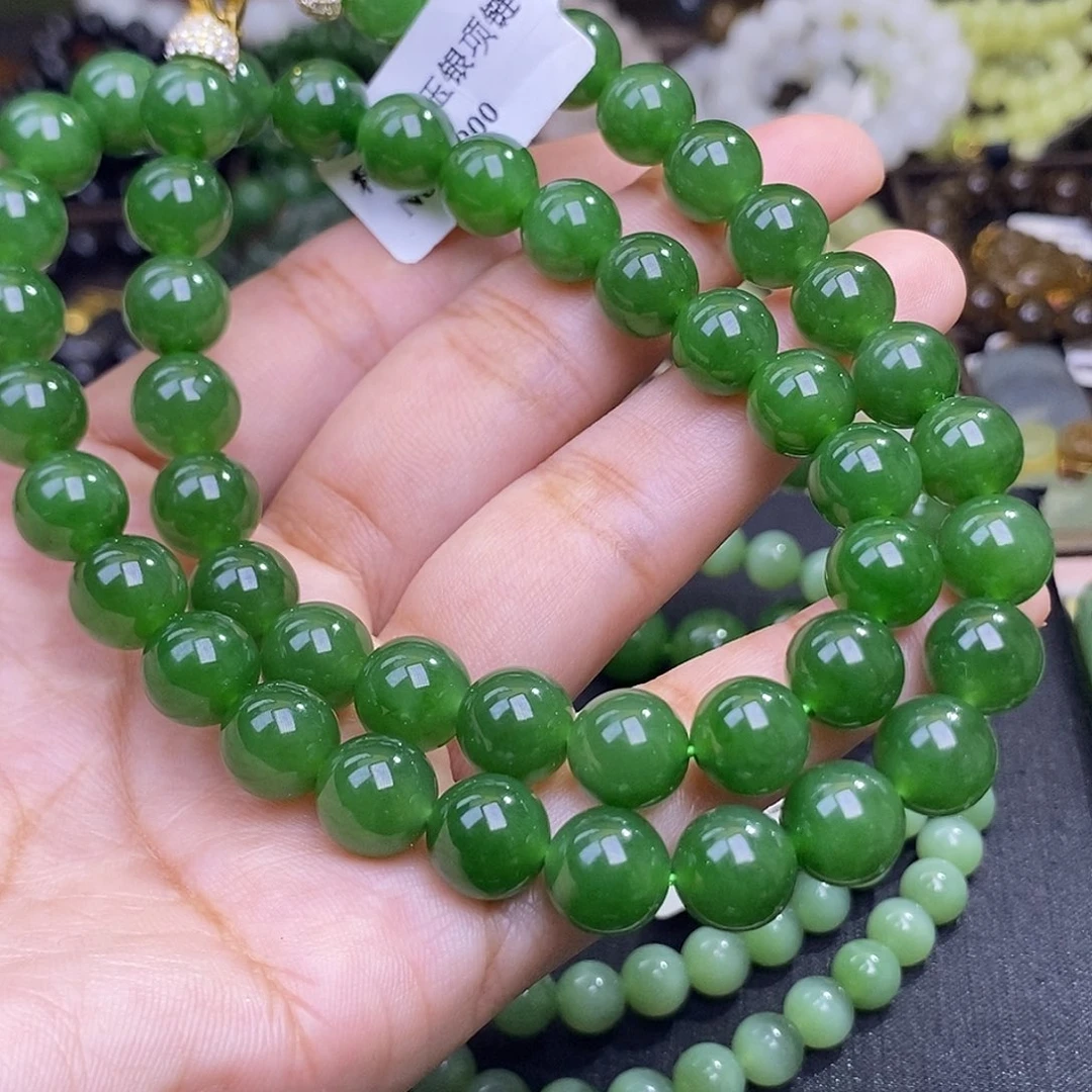 和田玉未镶嵌颈饰碧玉满色满绿老矿料10mm妈妈项链