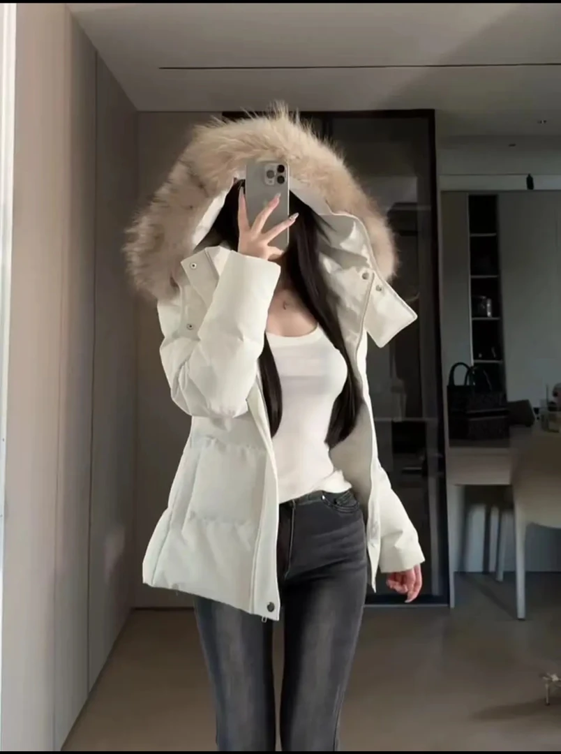 白鸭绒收腰版羽绒服女冬季可拆卸染尖毛时尚领夹克外套保暖连帽