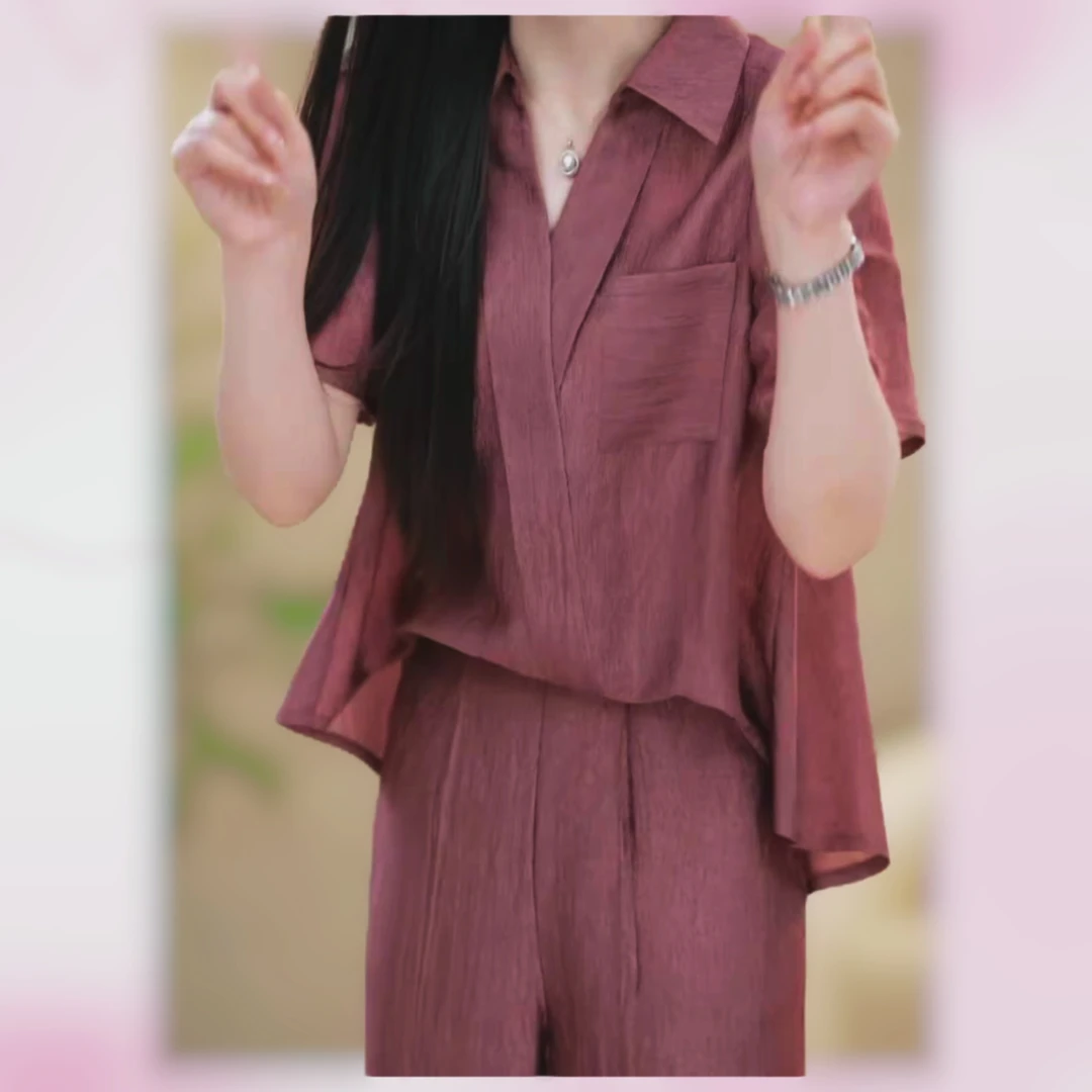 夏季时尚减龄气质优雅套装短袖V领短袖超薄套装