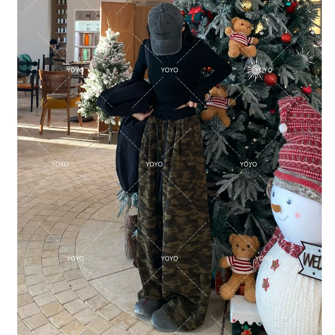 YOYO自制【加绒迷彩】一体绒厚绒美式休闲宽松复古印花阔腿拖地裤