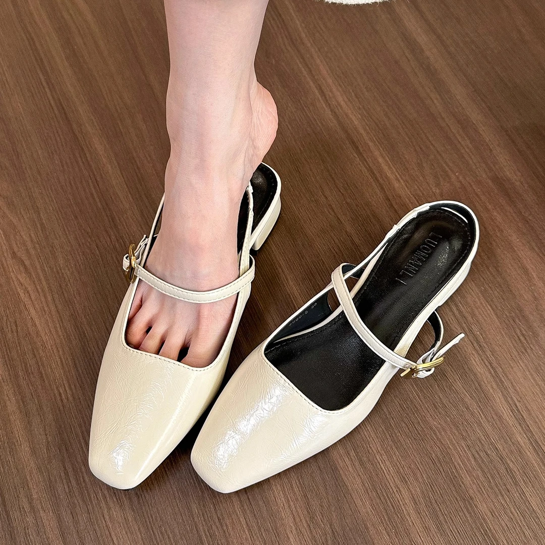 羊皮版~方头浅口凉鞋女2025夏季包头后空ins潮牌百搭玛丽珍鞋子女