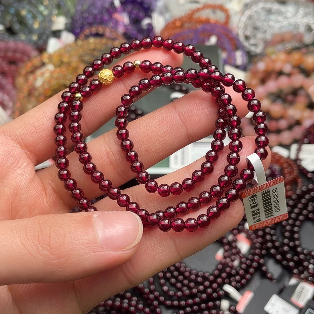 石榴石手链银S925镶嵌の**ろ4.5毫米三圈酒红石榴石