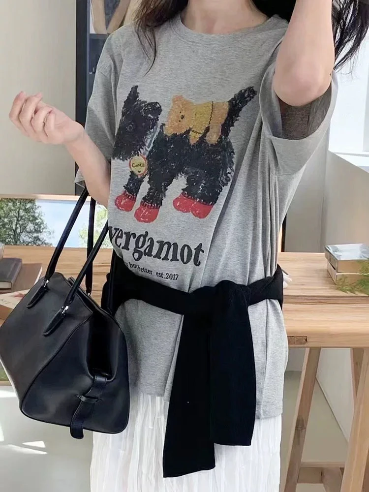 【现货】韩国vergamot新款圆领纯棉宽松显瘦短袖小狗印花T恤上衣