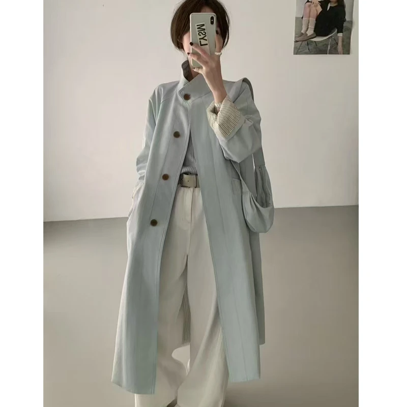 【25004】立领单排扣条纹翻袖中长款风衣外套女