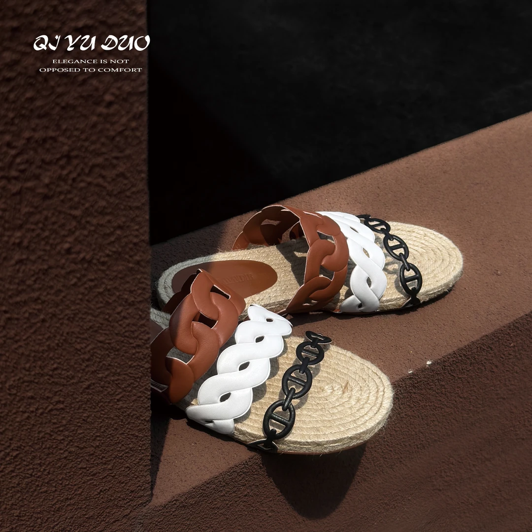 【七与多】手工麻绳大底设计感猪鼻子链条凉拖女夏外穿露趾沙滩拖