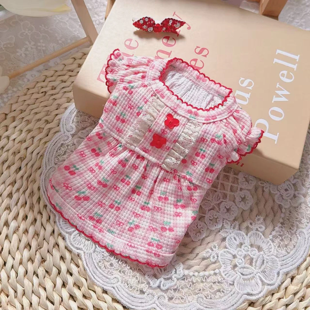 早秋新款宠物服华夫格插肩袖樱桃背心