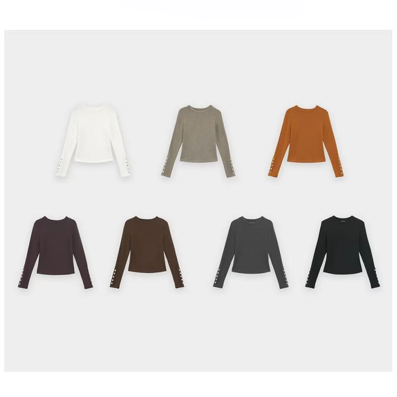 2025秋冬季新款磨毛设计感保暖长袖T恤女纽扣修身百搭时髦打底衫