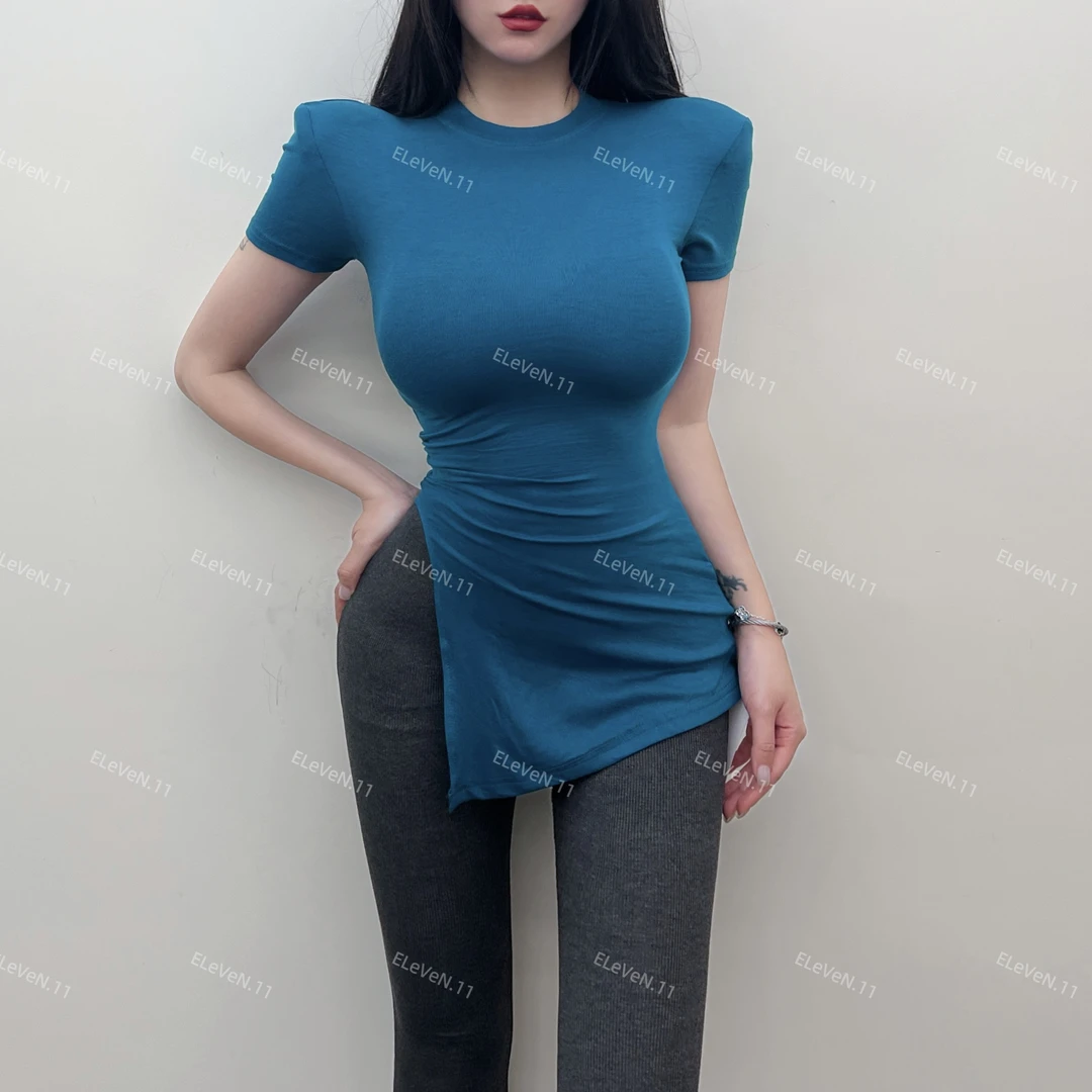 设计感不规则开叉圆领短袖t恤女夏季新款修身显瘦收腰中长款上衣