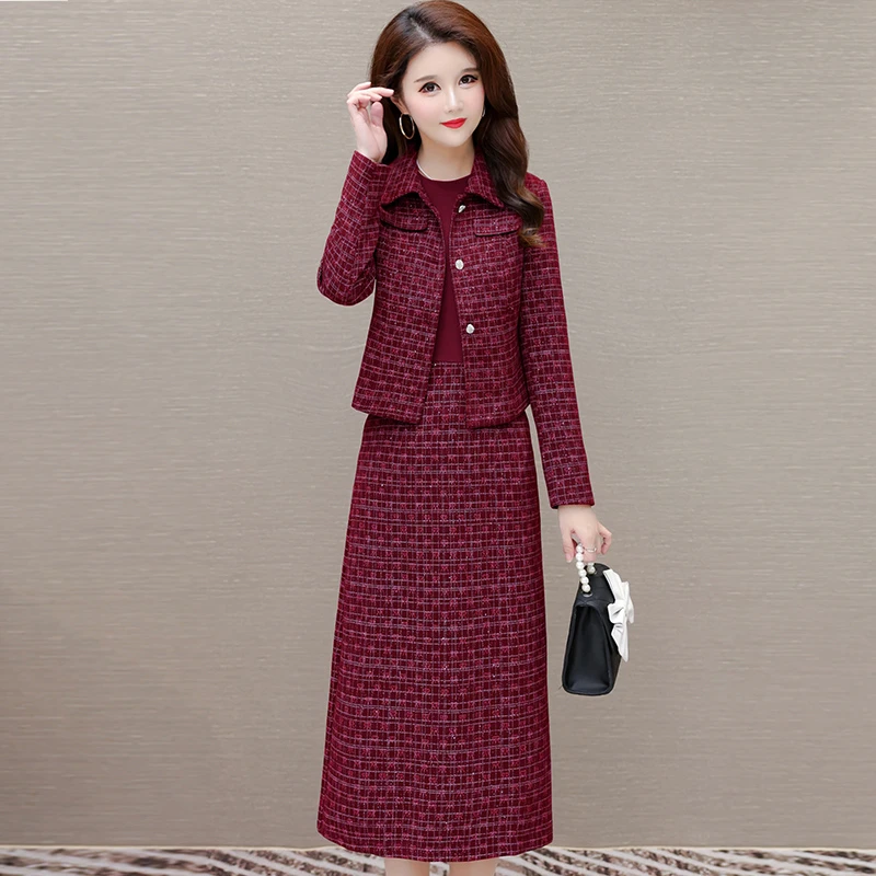 外套连衣裙套装显瘦气质洋气时尚红色名媛春秋小香风长袖女神复古