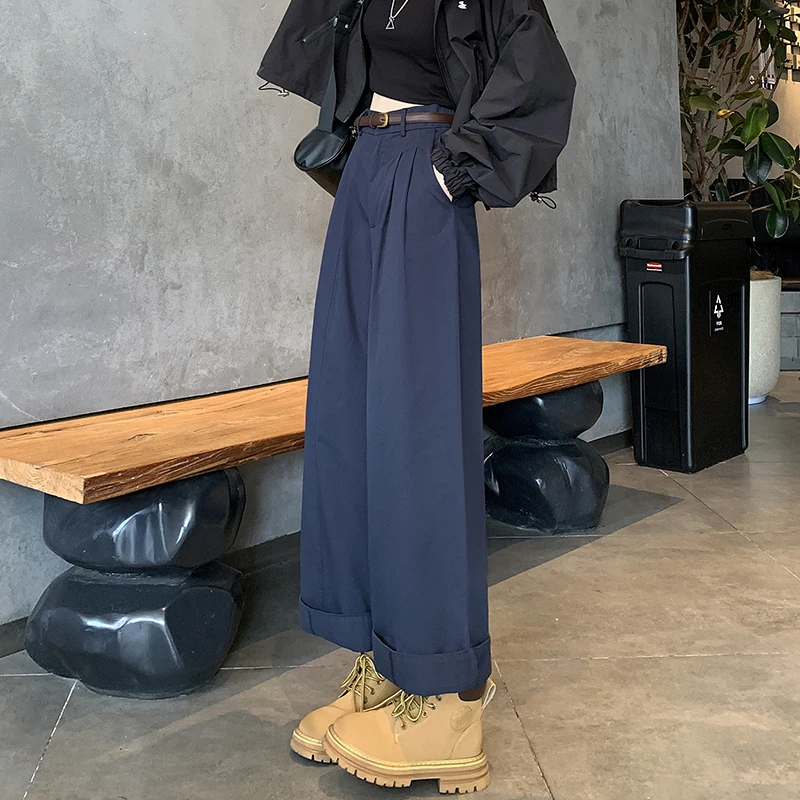 两穿宽松卷边阔腿裤女2025年新款秋季小个子九分高腰垂感直筒裤子