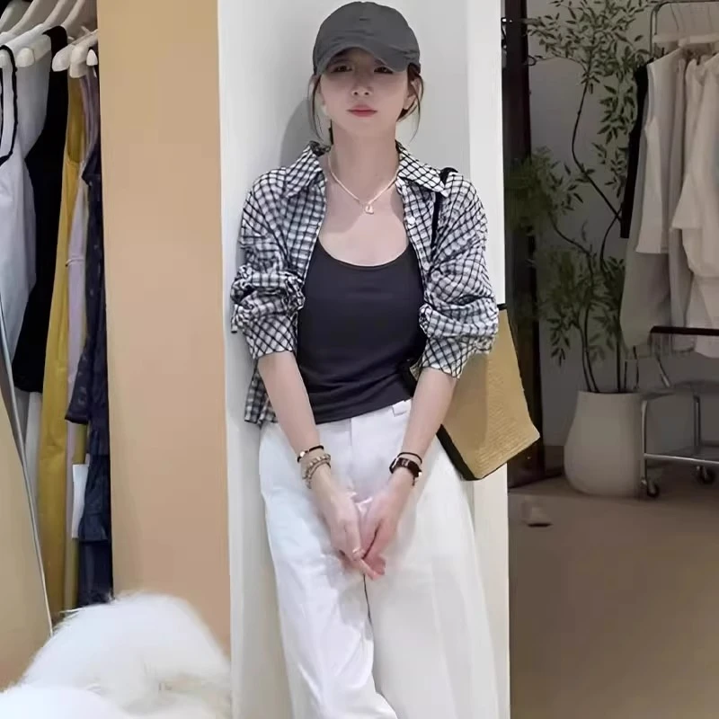 芯娇晴韩系高级感撞色格子薄款长袖衬衫女2025新款夏季宽松短上衣