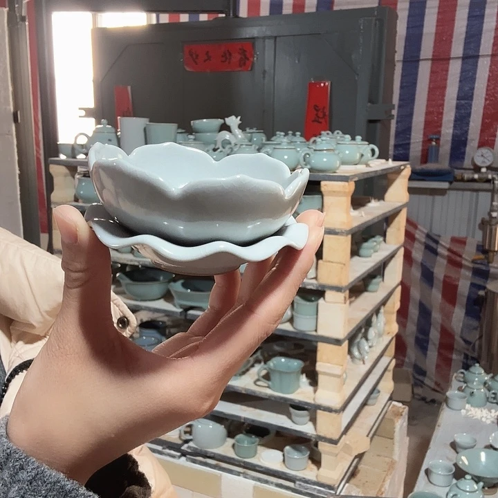 瓷片汝瓷莲花茶漏圈足烧仿古月白釉微瑕