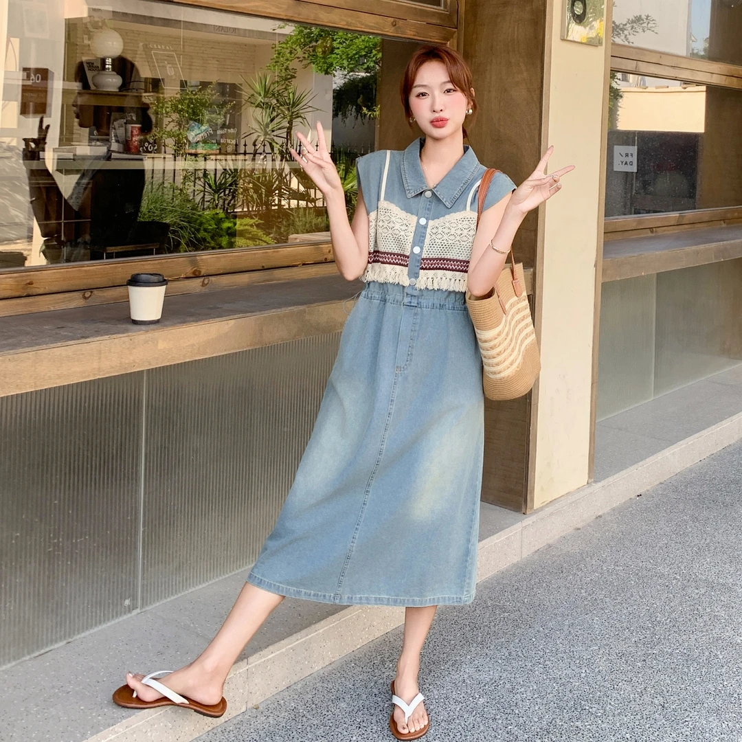 蕾丝拼接Polo领牛仔连衣裙女夏新款法式收腰高级感显瘦气质长裙