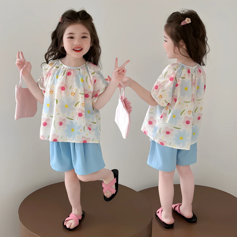 女童套装2025新款夏装儿童女宝洋气薄款碎花短袖上衣短裤两件套潮