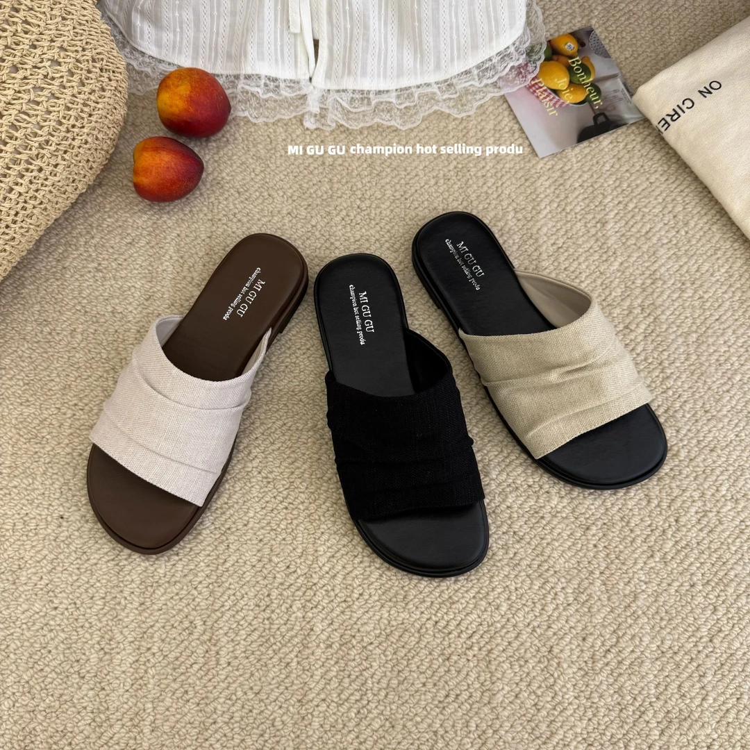 慵懒风度假休闲沙滩棉麻褶皱平底拖鞋女夏季外穿露趾配裙子凉拖鞋