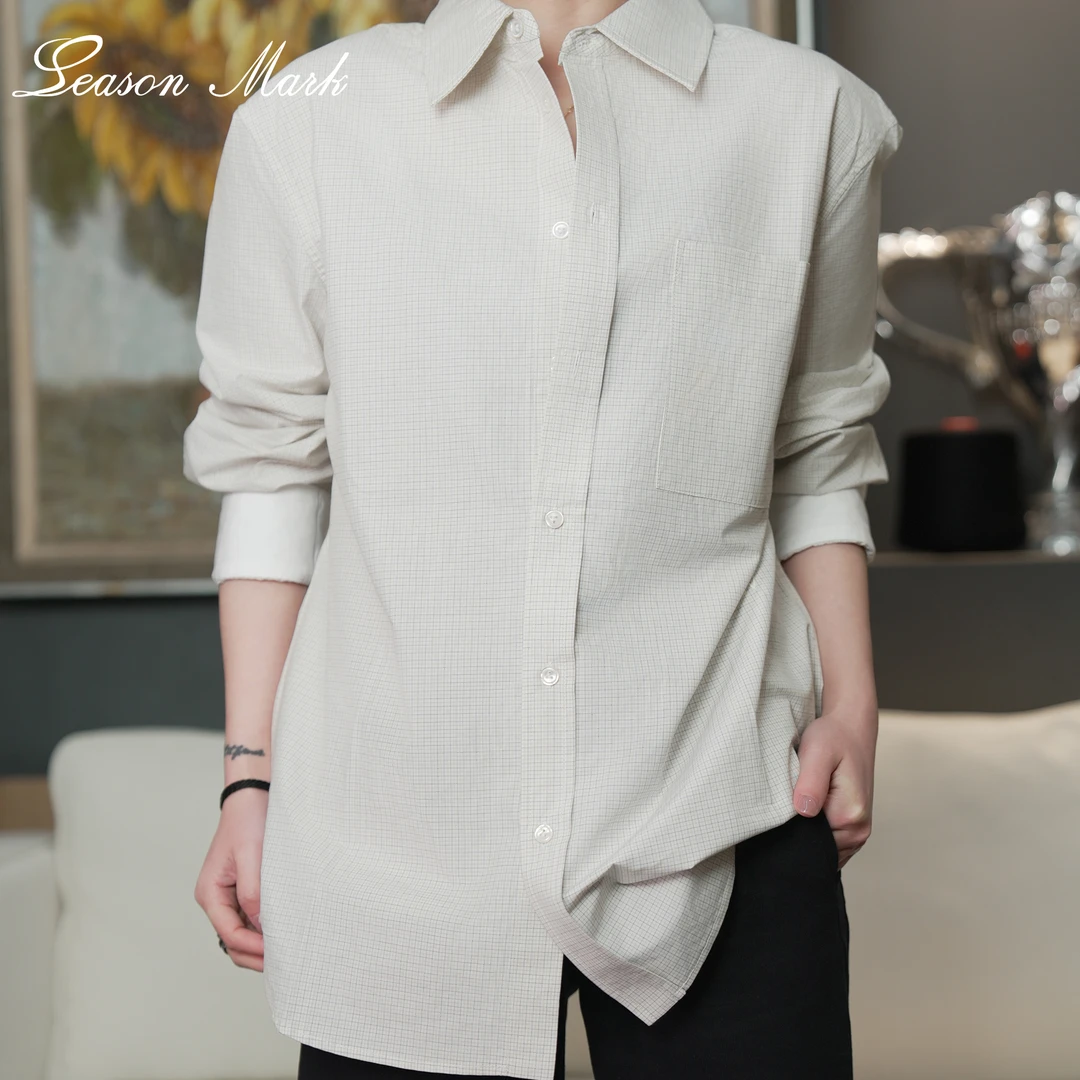 SEASONMARK春季新款小格纹白色衬衫休闲百搭cleanfit情侣长袖衬衣