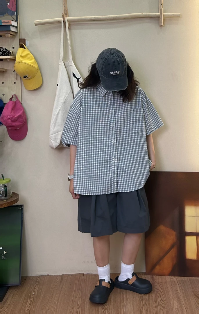 夏季宽松休闲百搭格子短袖衬衣9046