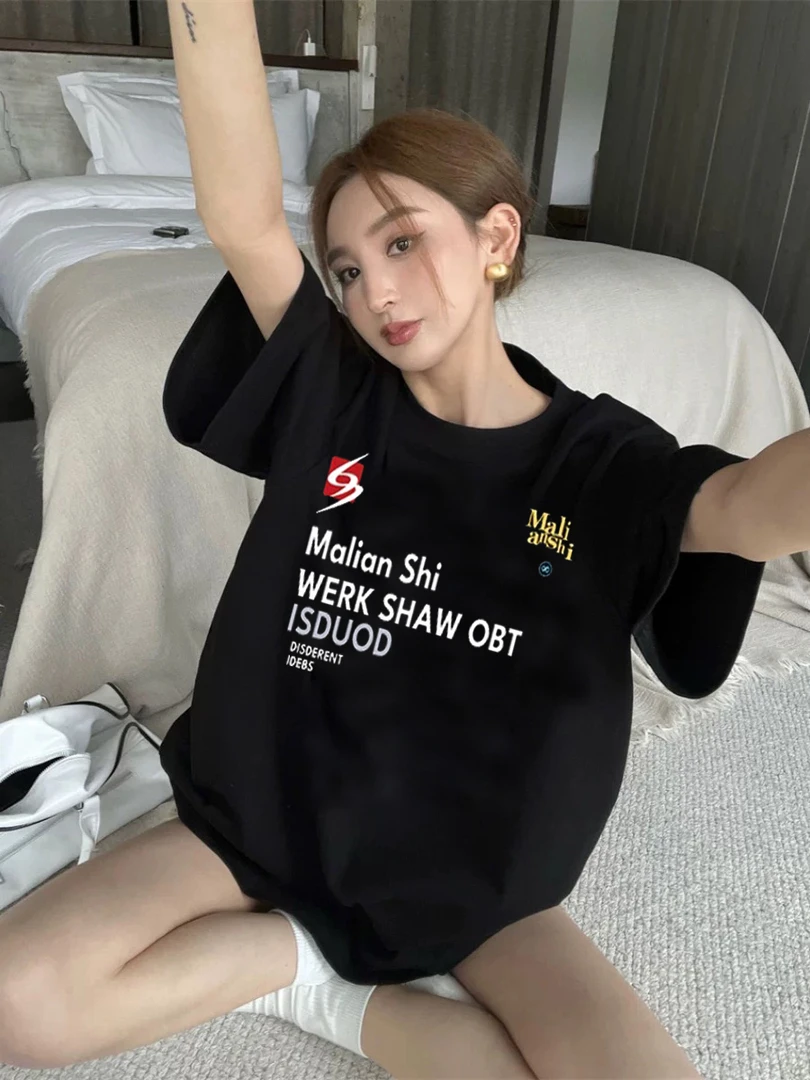 纯棉美式复古潮牌字母正肩短袖t恤女2025新款设计感小众高街上衣