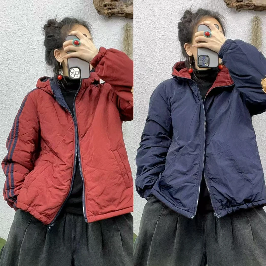 311163夹棉两面穿袖子拼条帽衫棉袄外套（长60胸围104