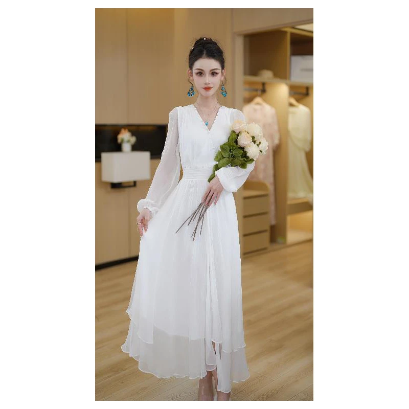 2025春季公主风法式优雅设计感收腰中长款连衣裙女