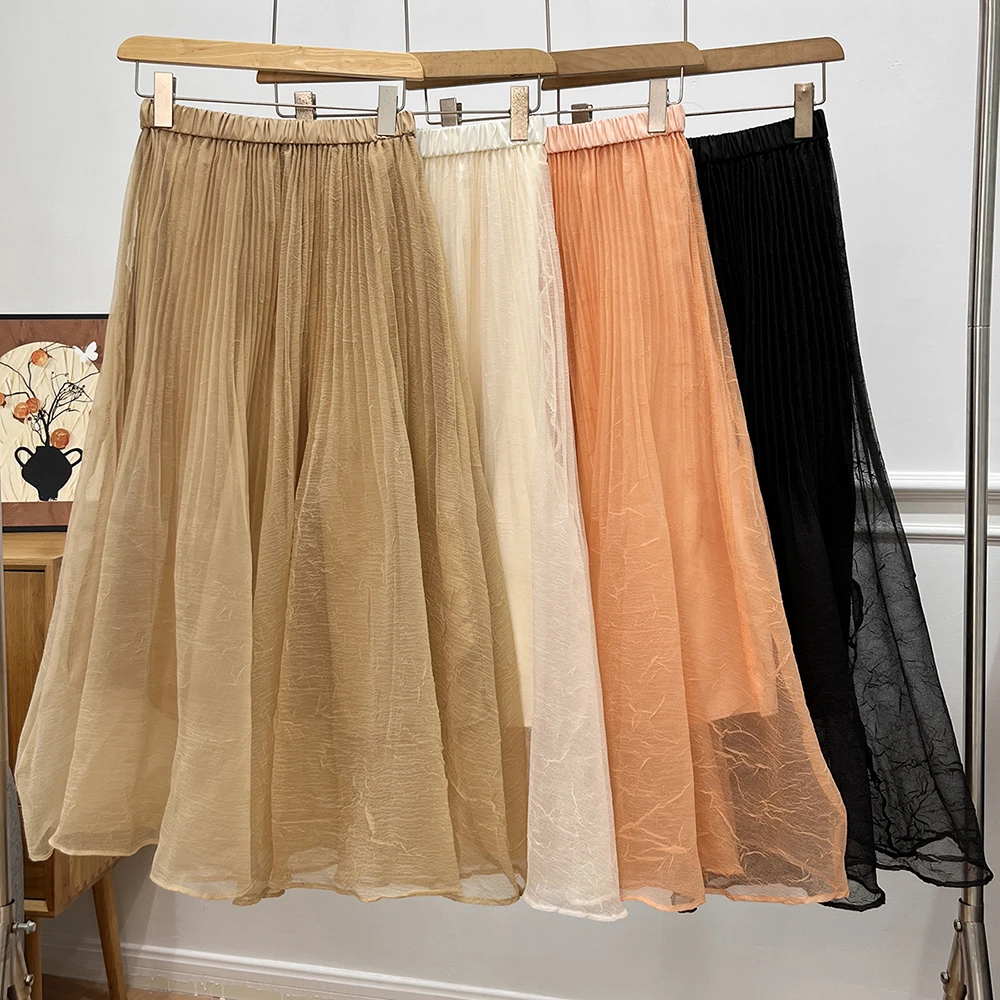 8517高定重工压褶光泽欧根纱高腰A字百褶半身裙松紧腰网纱大摆裙