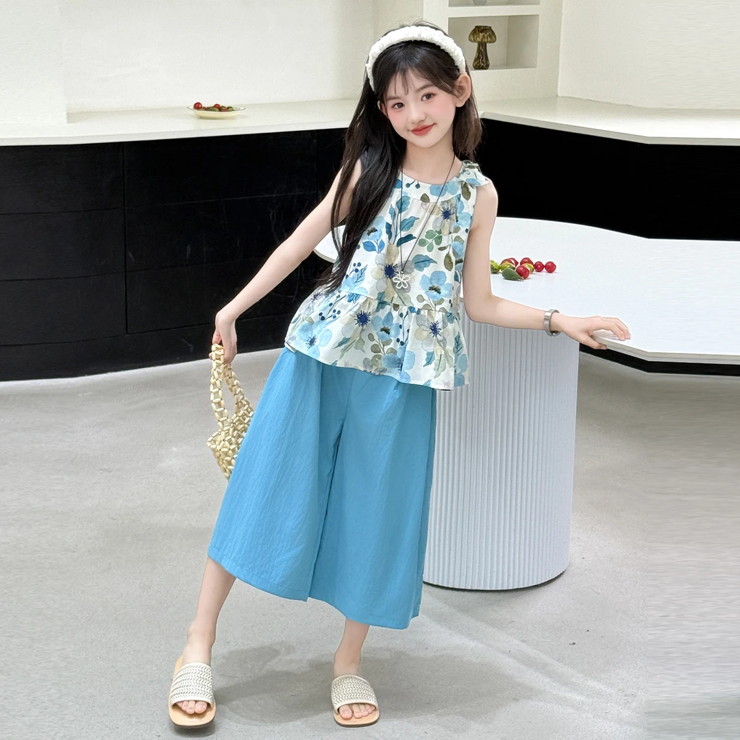 2025新款女童夏装碎花无袖两件套洋气时尚套装6-12岁中大童薄款潮