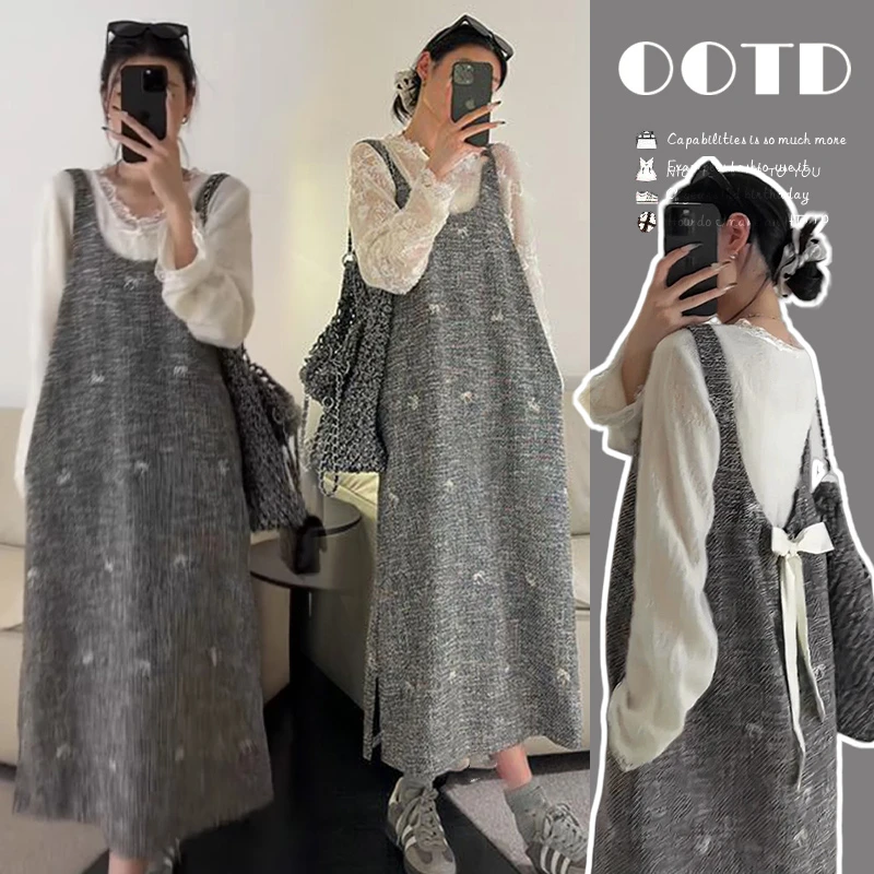 2025孕妇春秋小香风蝴蝶结粗布花呢背心裙+V领镂空蕾丝宽松套装