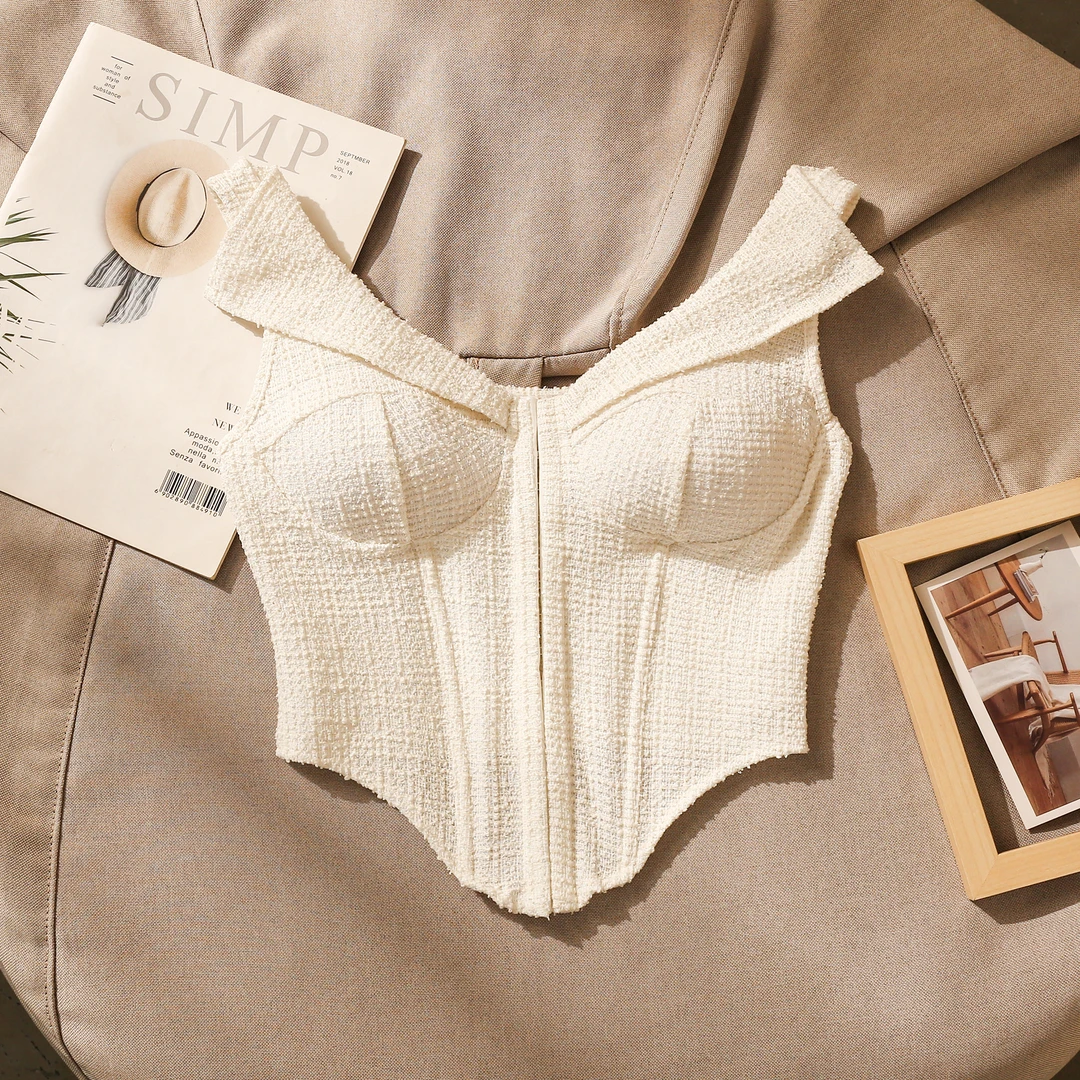 辣妹一字肩吊带背心女夏性感鱼骨胸衣束腰显瘦带胸垫短款美背上衣