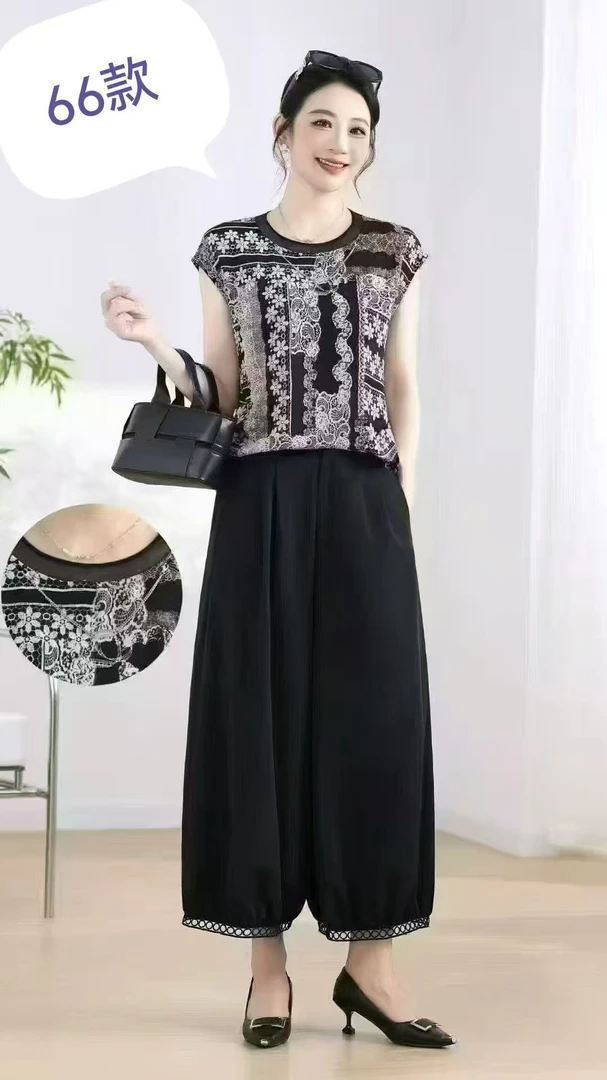 夏季女装阔腿裤上衣套装休闲显瘦舒适老钱风妈妈装