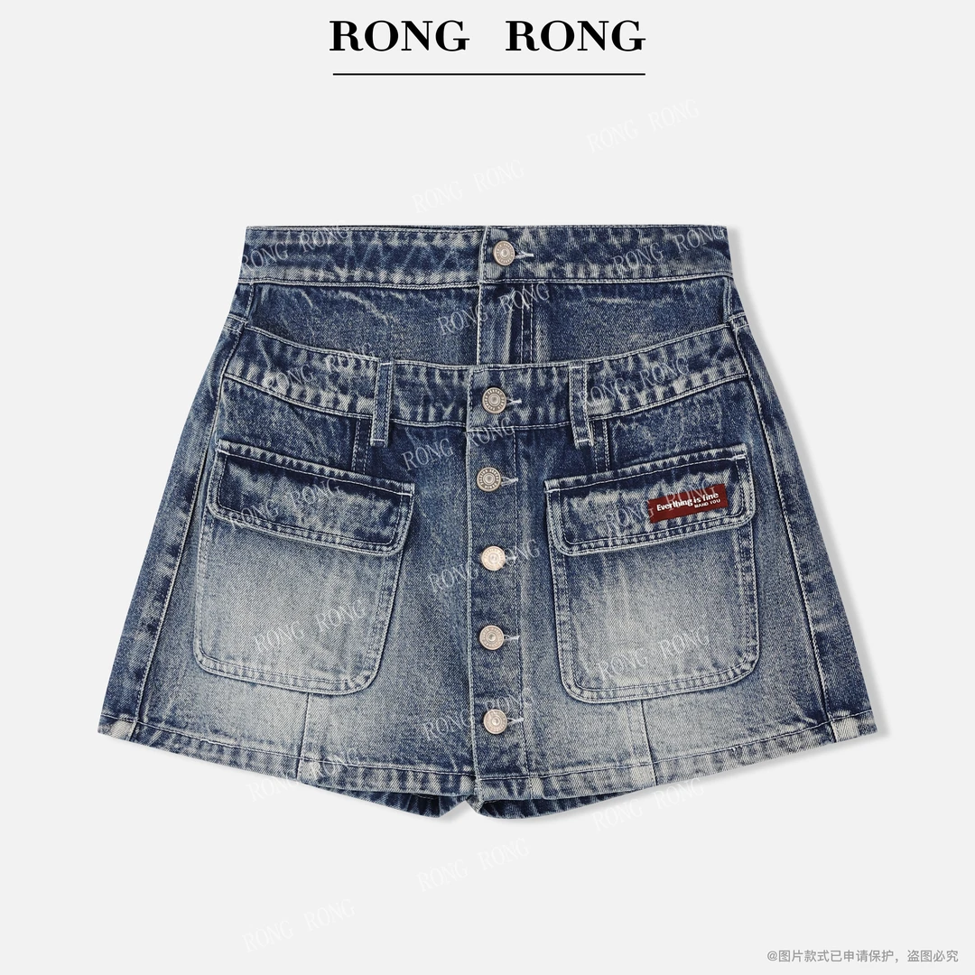 溶溶【复古辣妹】RONGRONG棉混纺美式复古风牛仔显瘦短裤裤裙RR5596