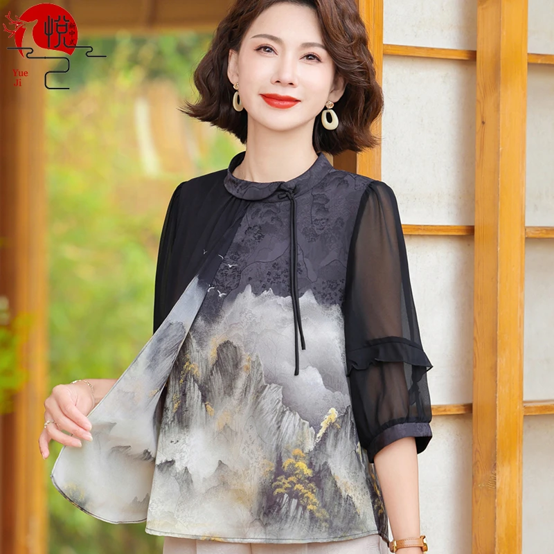 夏季新款国风上衣中老年女国风半袖小衫洋气妈妈中袖T恤上衣5126