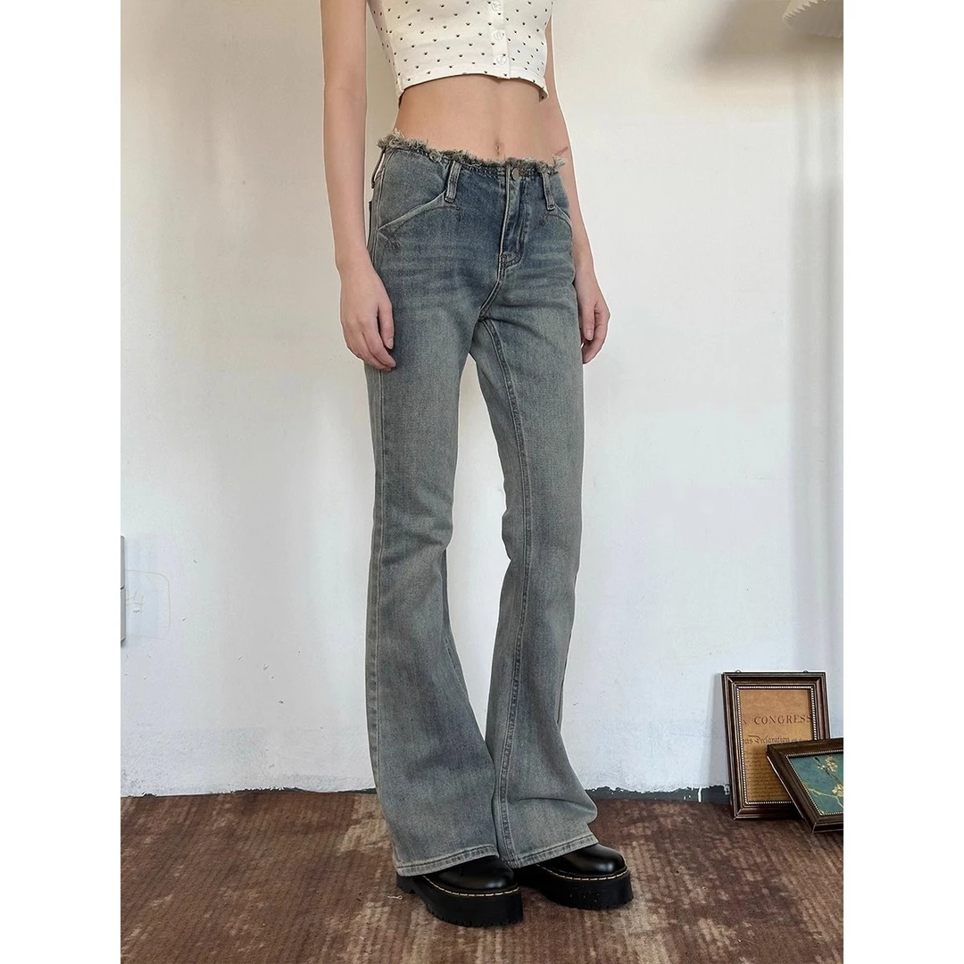 VintageTang复古毛边低腰微喇叭牛仔裤女修身显瘦弹力马蹄裤發呐K