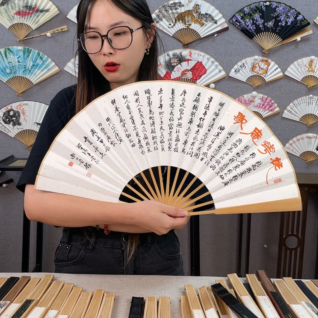 国画10寸玉竹-纯手绘-文玩扇骨（默认粘好）