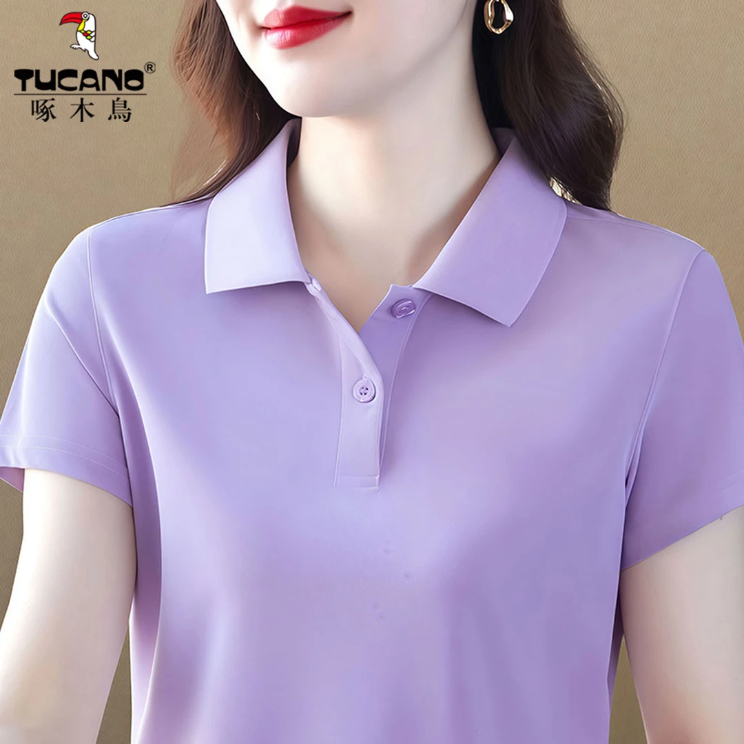 啄木鸟~纯棉翻领短袖t恤女夏季中年妈妈带领体恤显瘦上衣polo小衫