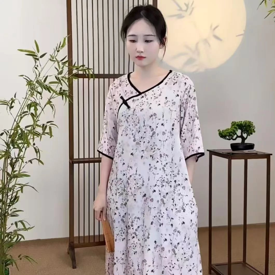新中式棉绸家居服裙子可外穿女士睡裙夏季印花宽松大码国风中长款