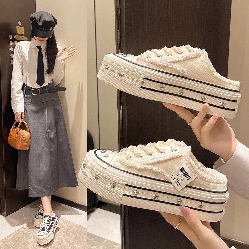 欧货包头半拖鞋女2024夏季新款外穿透气帆布鞋内增高懒人厚底托鞋